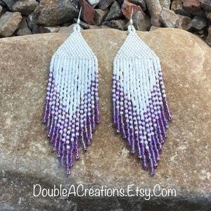 Purple Rainbow Lined and White Beaded Earrings, New, Handmade by Me